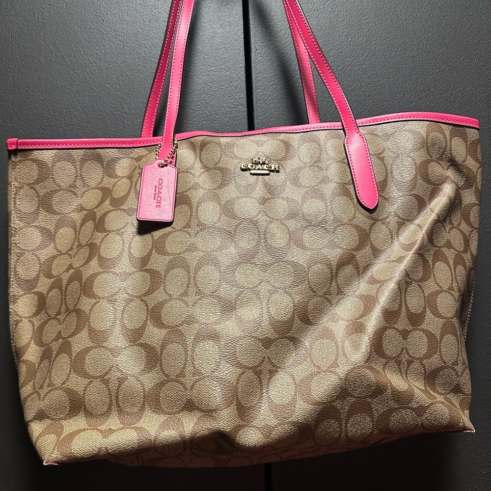 EUC…Coach Signature Canvas Tote Bag - Tan and Pink - Picture 3 of 15